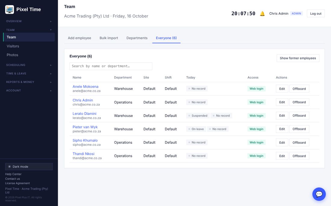 Team list with status badges.