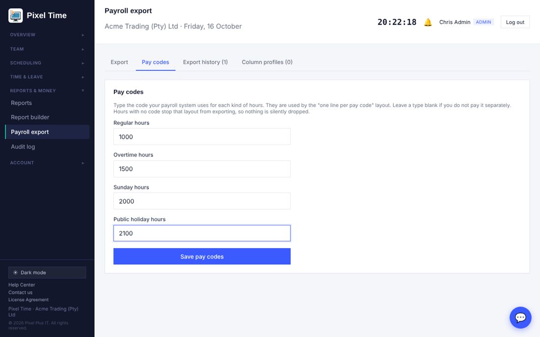 Pay codes.