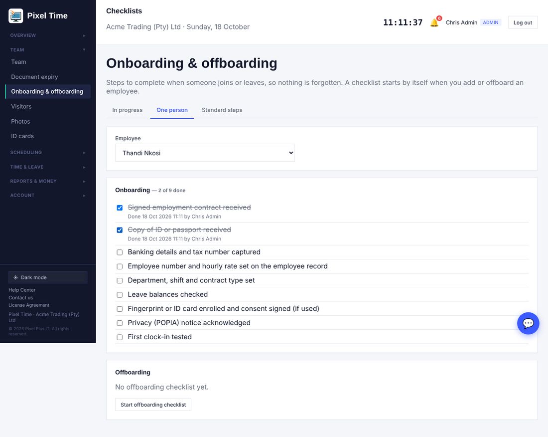 A person's onboarding checklist.