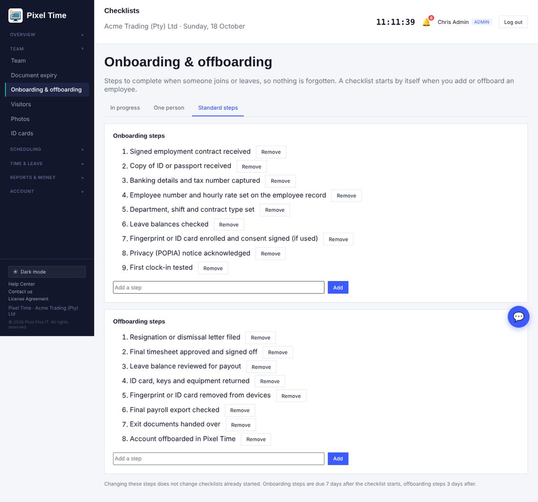 Standard steps for onboarding and offboarding.
