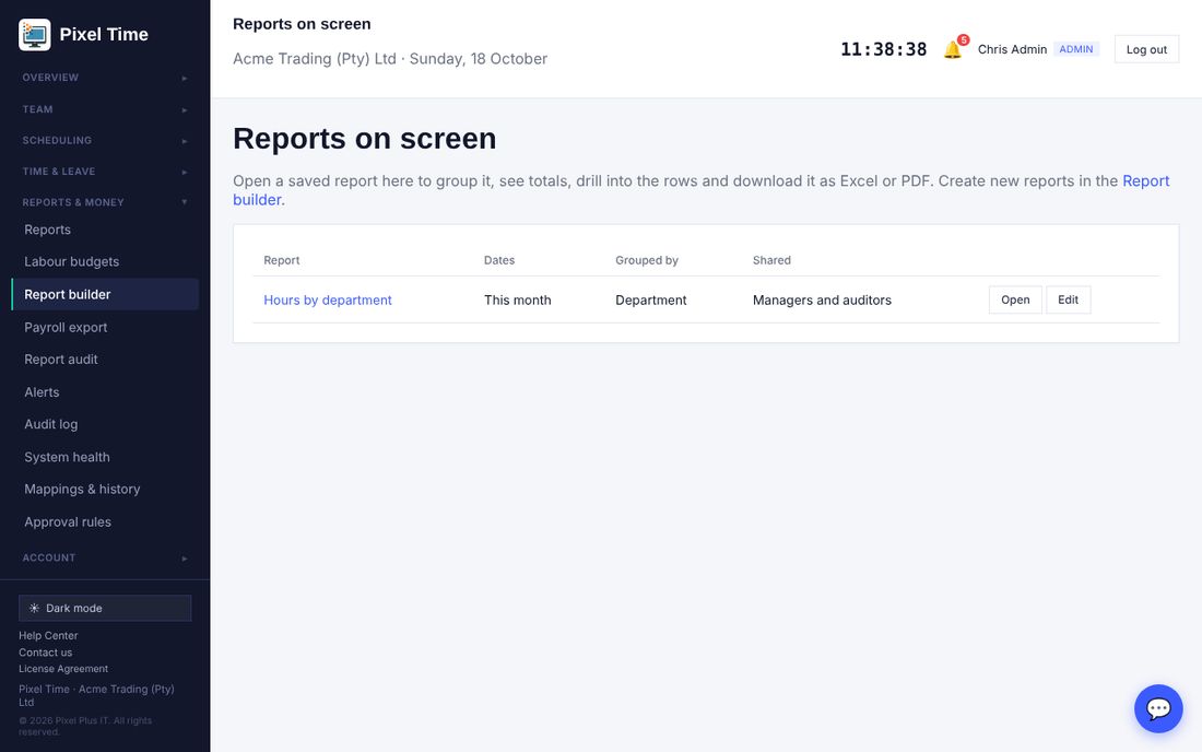 Saved reports you can open.