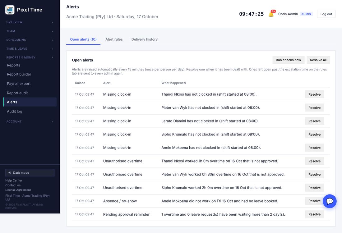Open alerts. Resolve one when it has been dealt with, or use Resolve all.