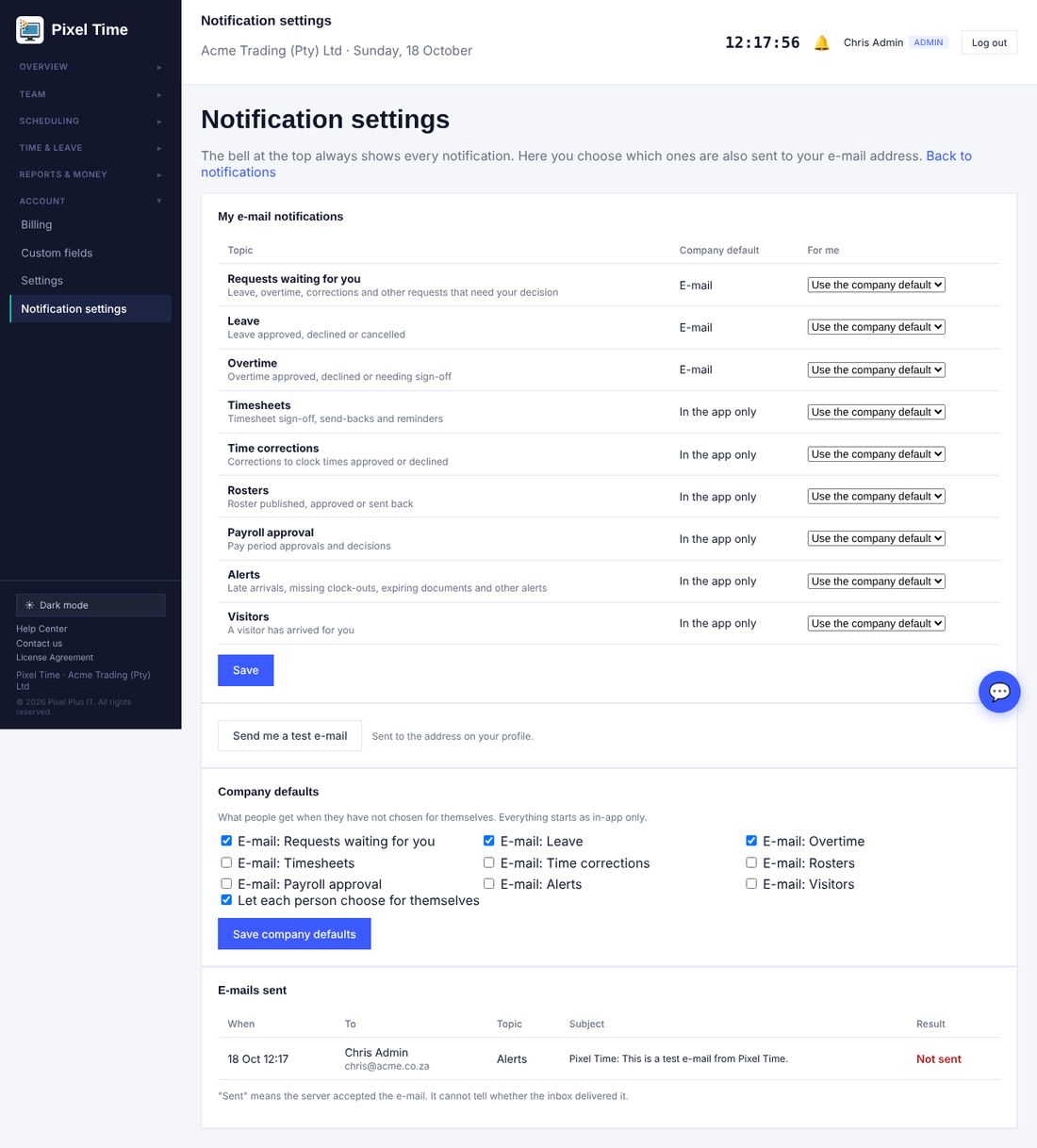 Company defaults and the list of e-mails sent.