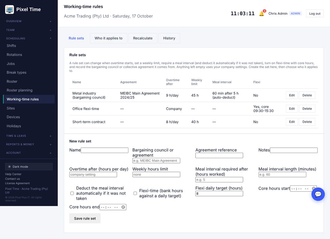 Rule sets and the form to create or edit one.